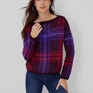 Ann Taylor Plaid Jacquard Boatneck Sweater Plum Rose size Medium